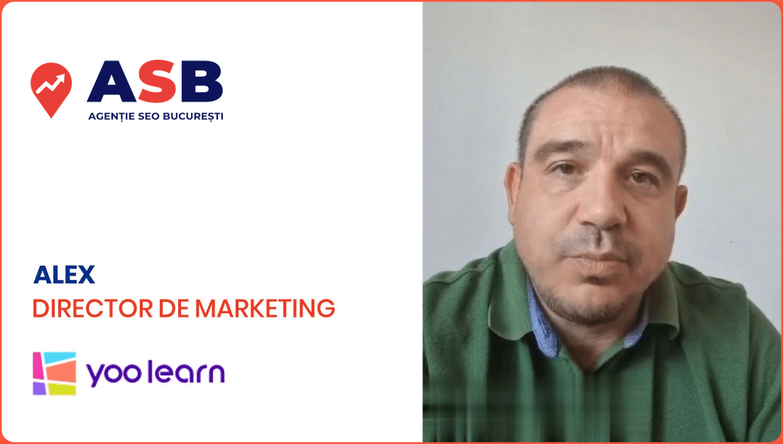Un bărbat în cămașă verde este fotografiat lângă un text despre o agenție SEO din București, România, identificându-l drept Alex, director de marketing la Yoolearn și mândru creator al unui program de succes.